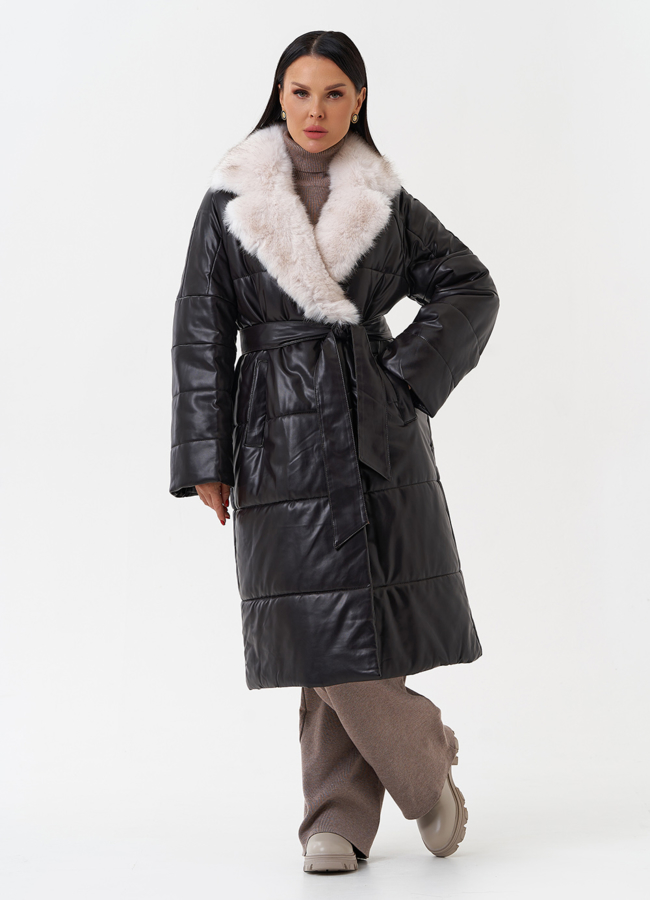 Пуховик из эко кожи с английским воротником модель № 28517 меха малина