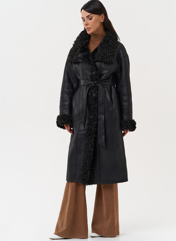 Женская дубленка из эко замши с поясом