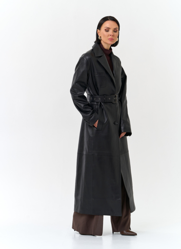 Женский длинный плащ из натуральной кожи