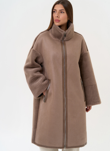 Женская двухсторонняя дубленка из эко замши с воротником стойкой