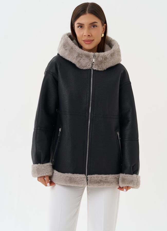 Женская эко дубленка с капюшоном модель № 27760 универмаг малина