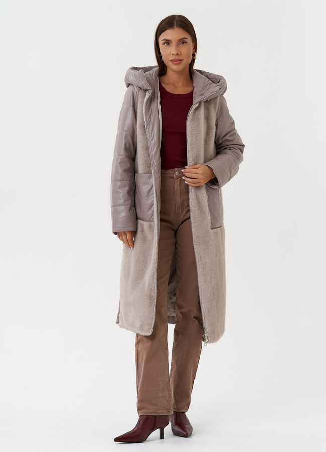 Комбинированный пуховик из эко кожи с капюшоном модель № 28518 универмаг малина