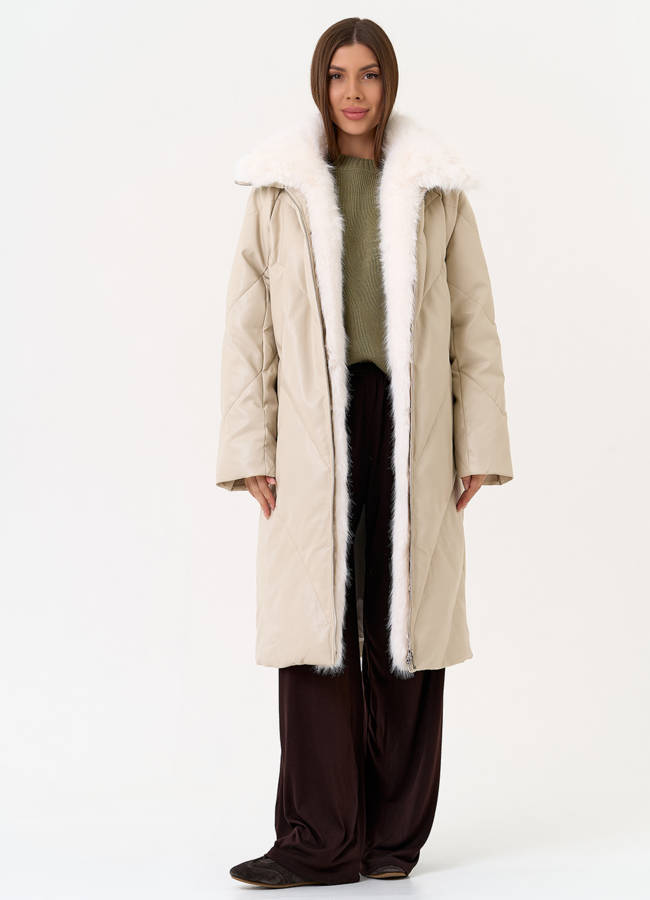 фото Женский пуховик из эко кожи с отделкой из эко меха модель № 30714