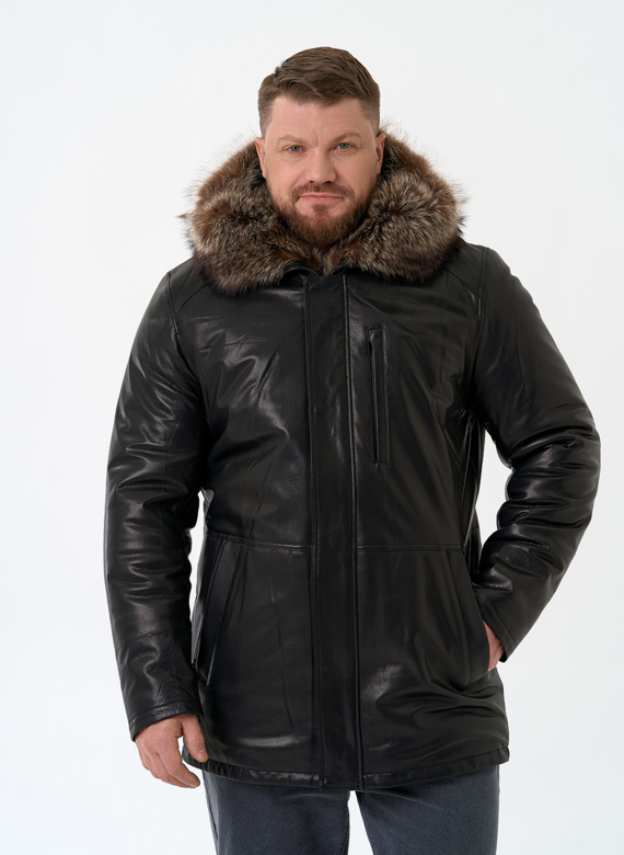 Мужская натуральная дубленка на волке с отделкой из меха енота