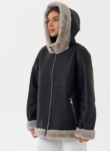 Женская эко дубленка с капюшоном