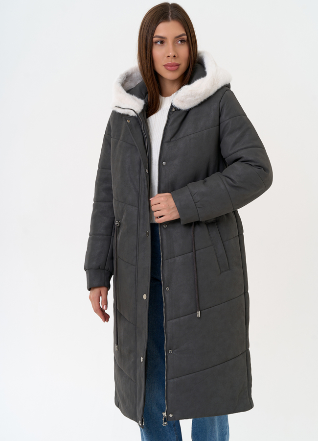 Женское пальто из эко кожи с капюшоном модель № 30731 универмаг малина