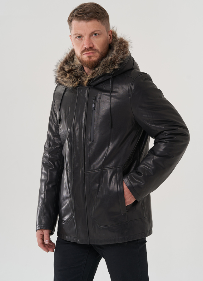 Мужская куртка с капюшоном на мехе из волка модель № 82262 в кредит