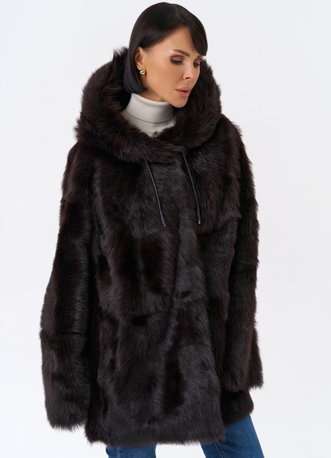 Женская двухсторонняя дубленка с капюшоном модель № 31851 универмаг малина