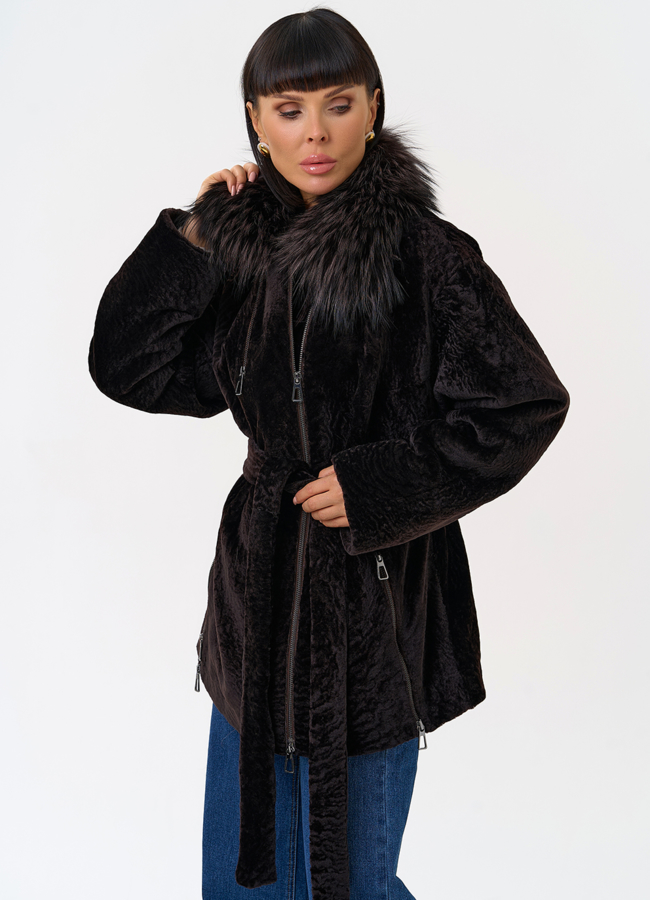 Дубленка натуральная с воротником из меха лисы модель № 31624 универмаг малина