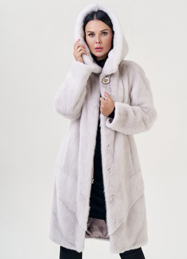 Светлая шуба из норки с капюшоном модель № 25817 универмаг малина