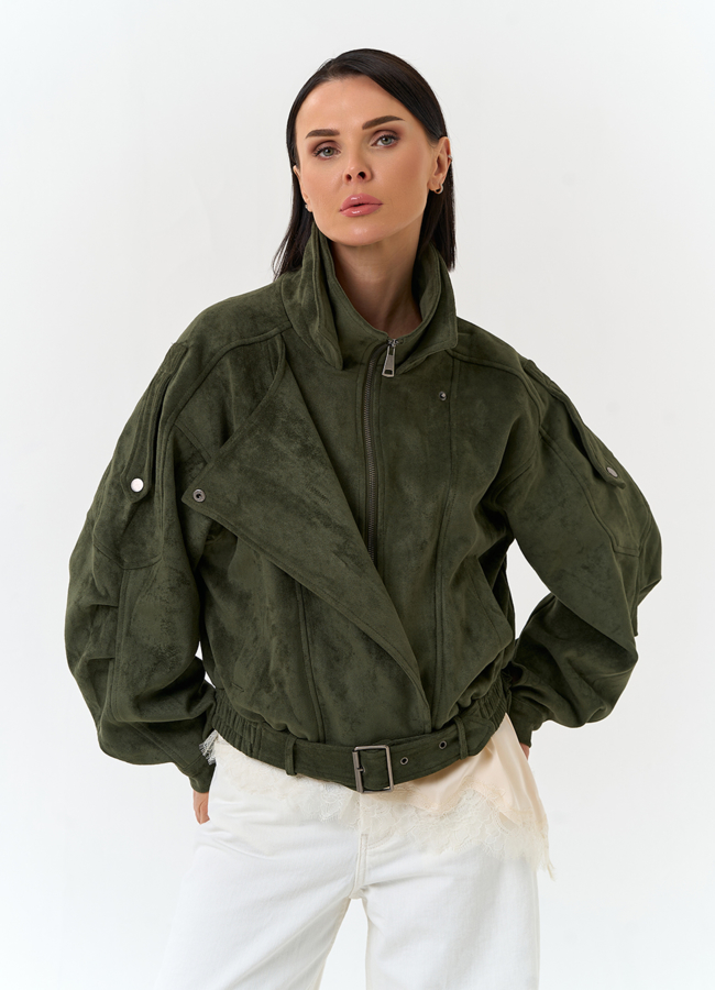 Женская куртка бомбер из эко замши  модель № 33034 меха малина