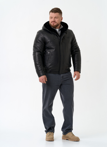 Мужской пуховик из натуральной кожи с капюшоном
