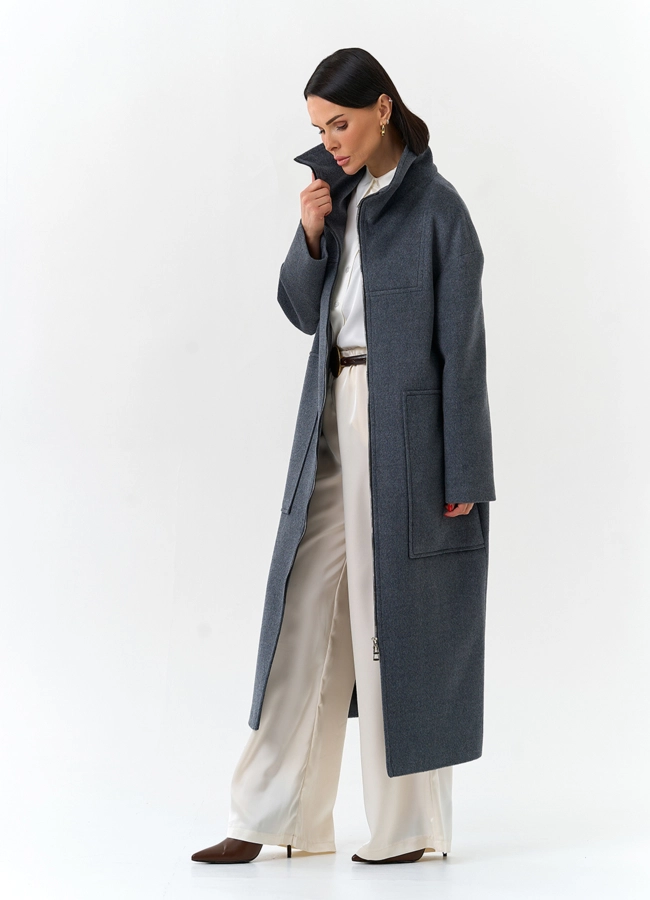 Женское длинное пальто с воротником стойкой модель № 32573 универмаг малина