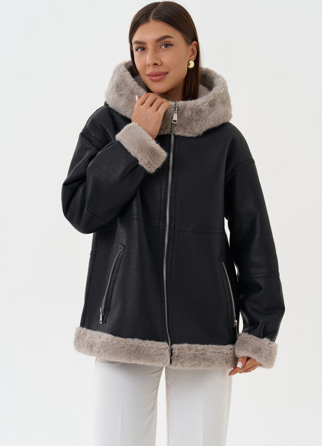 Женская эко дубленка с капюшоном модель № 27760 в рассрочку