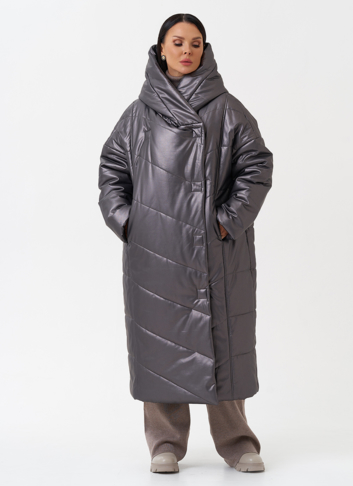 Пуховик из эко кожи с капюшоном