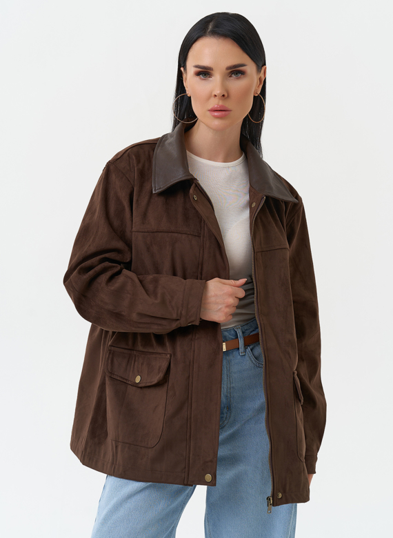 Женская парка из эко замши коричневого цвета