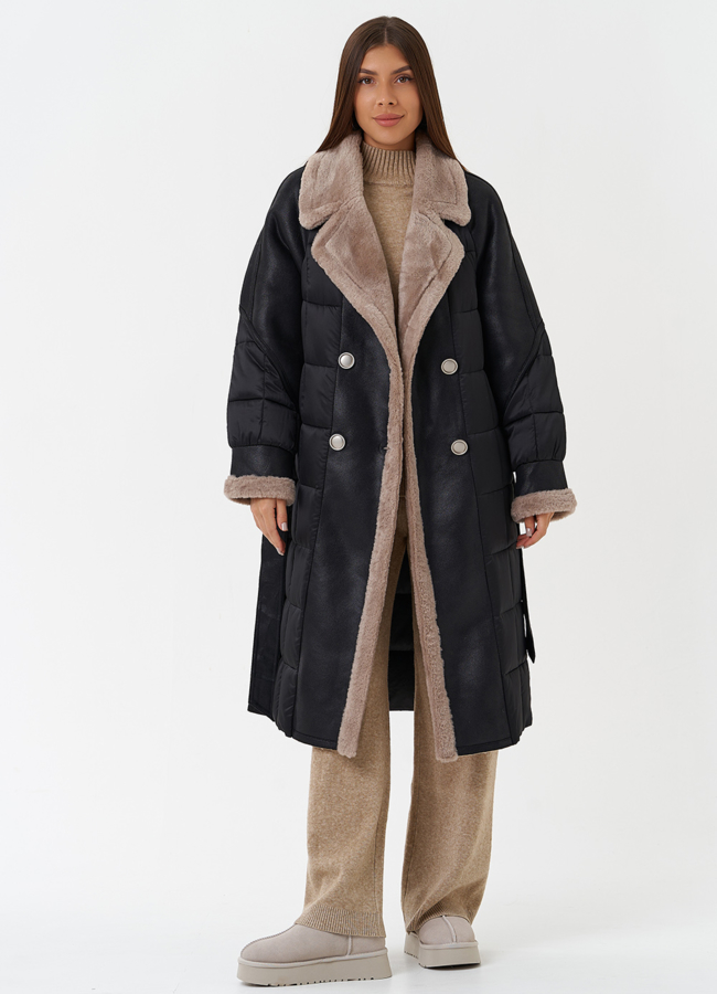 Комбинированный пуховик из эко кожи модель № 27736 универмаг малина