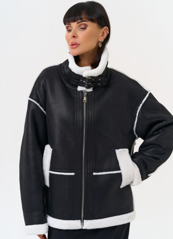 Женская дубленка из эко замши с воротником стойкой