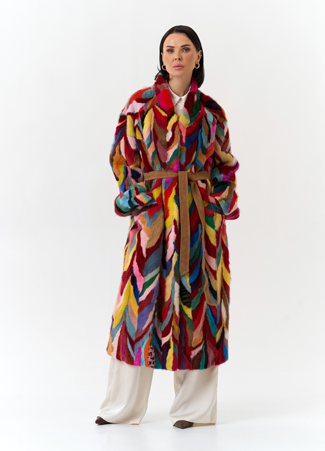 Норковая шуба в стиле пэчворк модель № 31299 меха малина