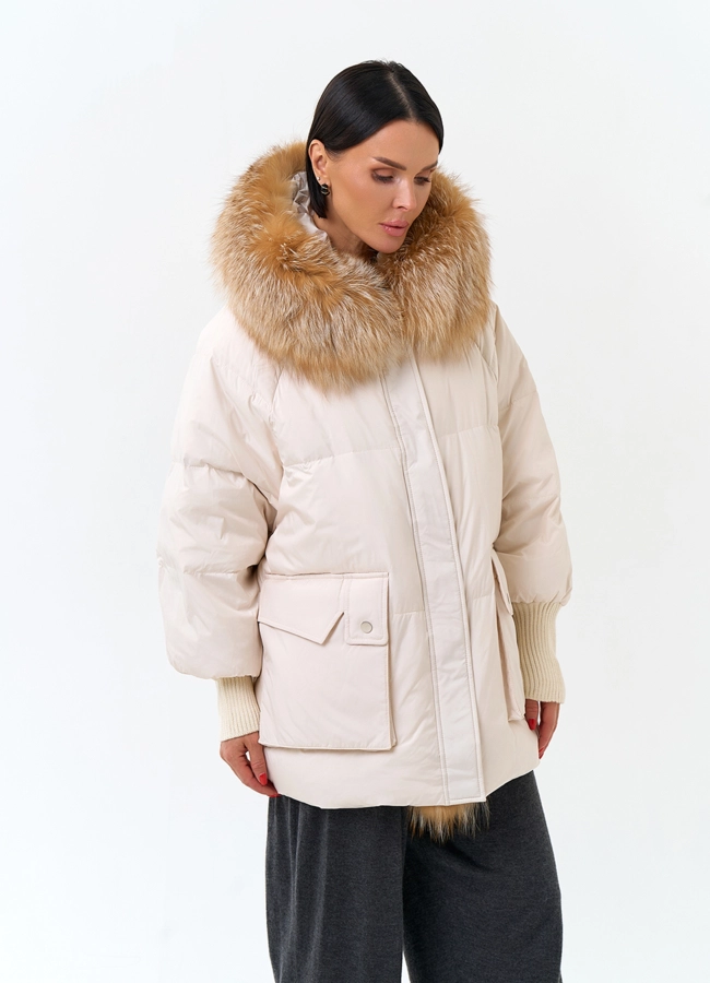 Женский пуховик с мехом лисы на капюшоне модель № 33962 универмаг малина