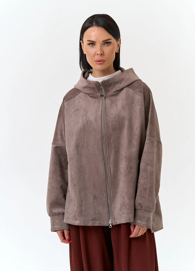 Женская куртка из эко замши с капюшоном модель № 32880 в кредит