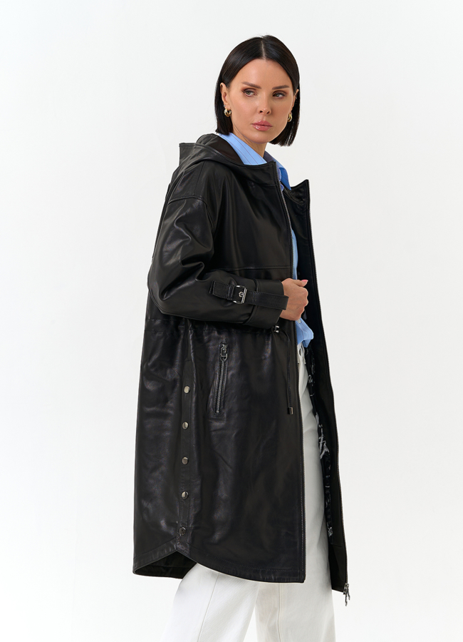 Женский плащ из натуральной кожи с капюшоном модель № 33142 в кредит