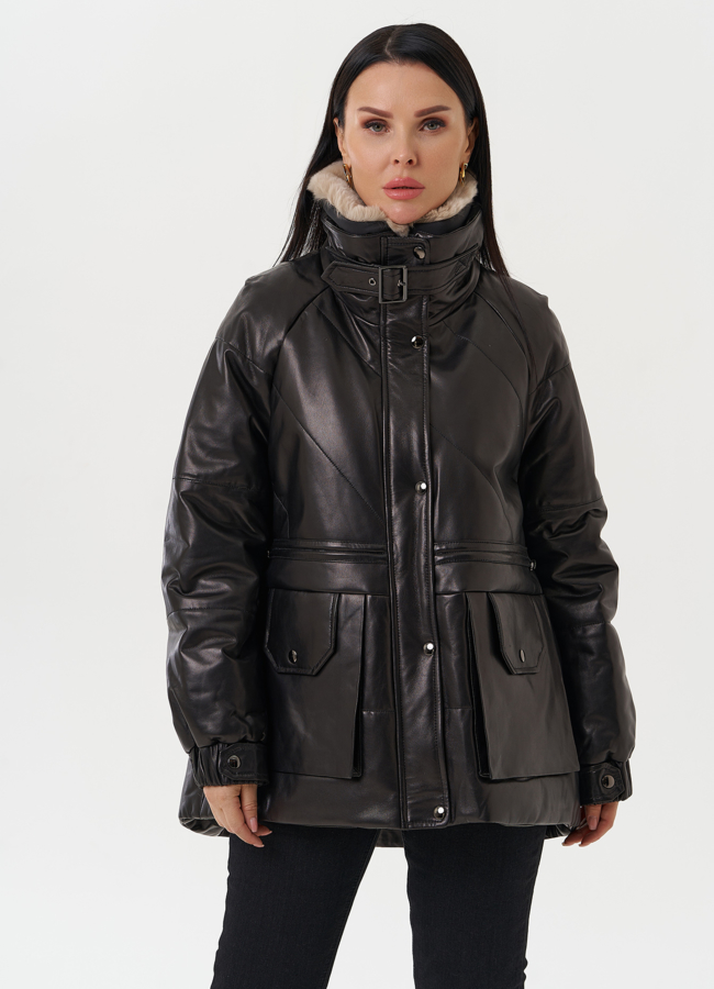 Пуховик из натуральной кожи с отделкой из меха кролика модель № 25381 универмаг малина