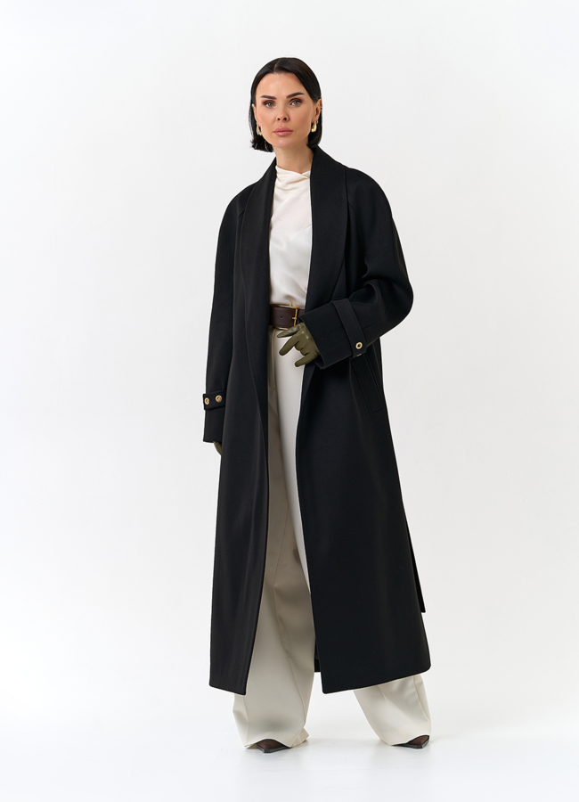 Женское длинное пальто с поясом модель № 32851 универмаг малина