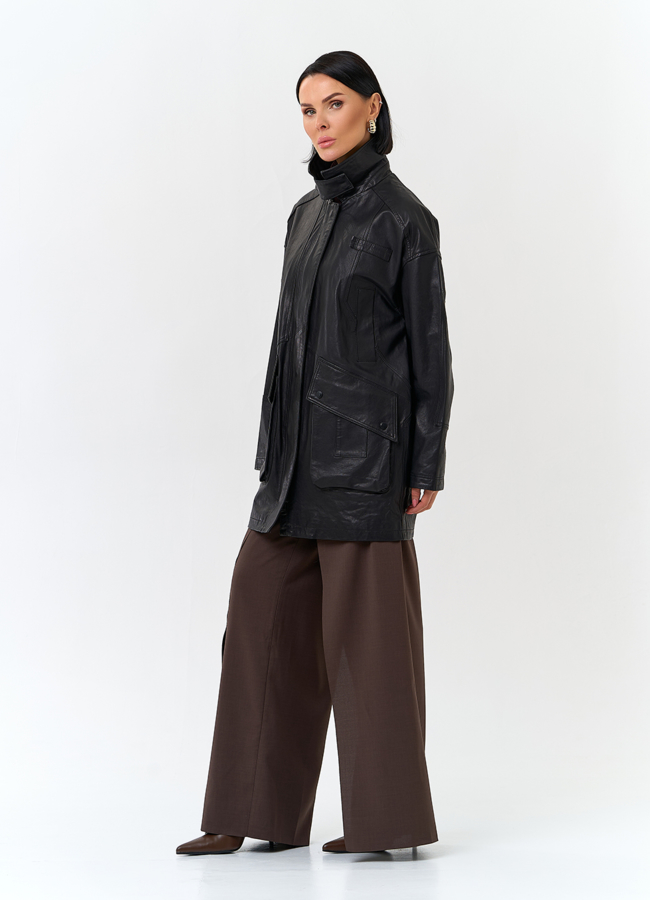 Женская удлиненная куртка из натуральной кожи модель № 32759 в рассрочку