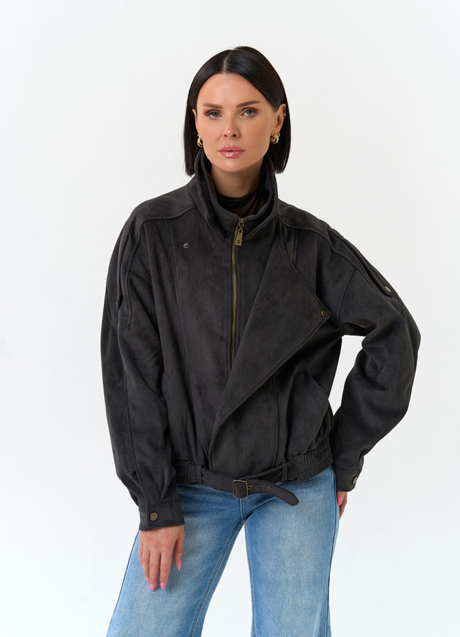 Женская куртка бомбер из эко замши модель № 33032 меха малина