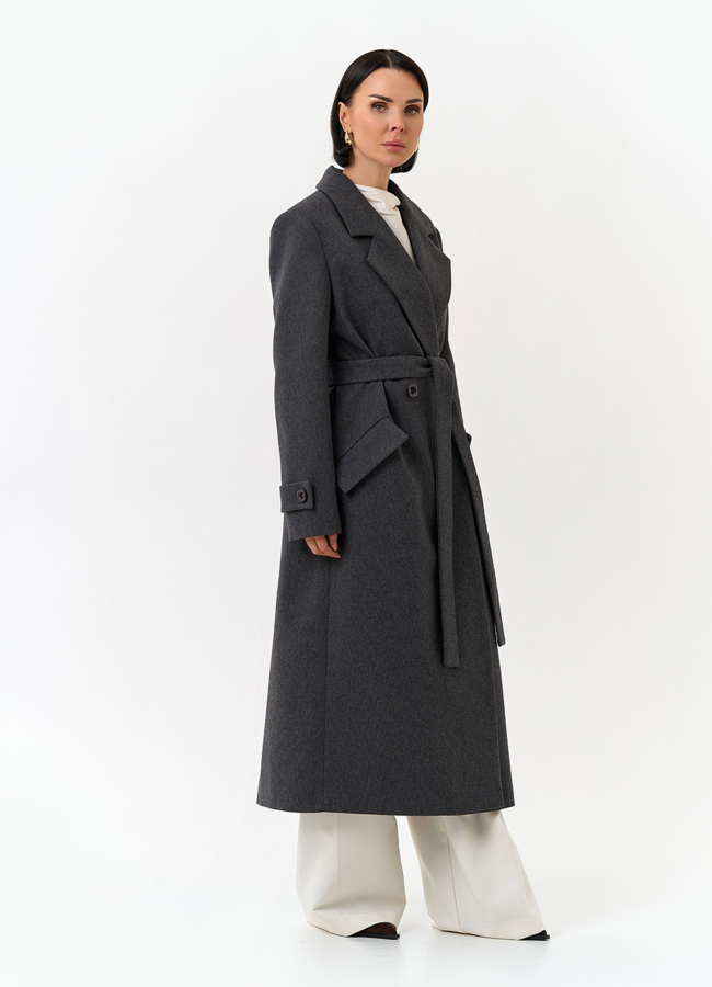 Женское длинное пальто с поясом модель № 32813 универмаг малина