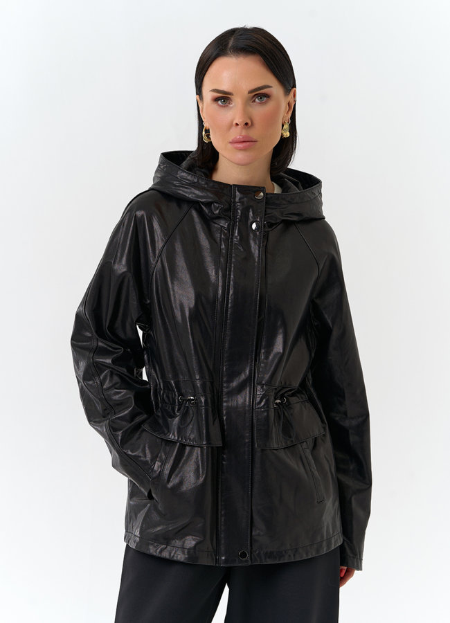 Женская куртка из натуральной кожи  с капюшоном модель № 32528 меха малина