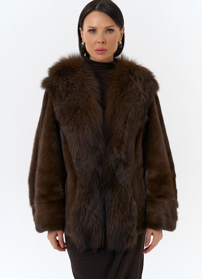 фото Шуба из норки с отделкой из меха чернобурки модель № 32030