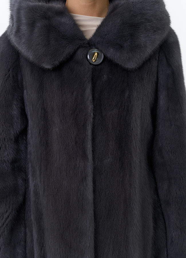 Норковая шуба годе/балетка в роспуск с капюшоном цвета графит модель № 27646 универмаг малина