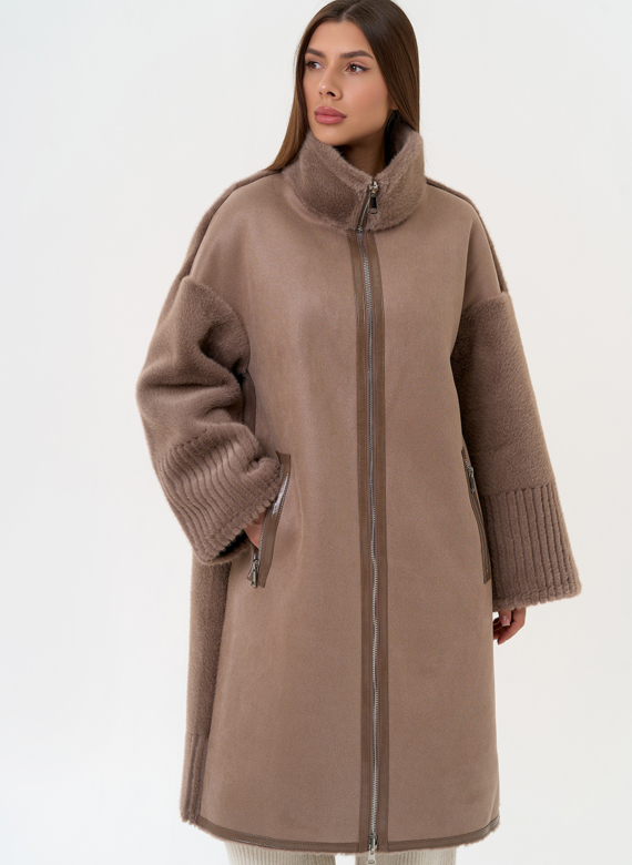 Женская двухсторонняя дубленка из эко замши с воротником стойкой