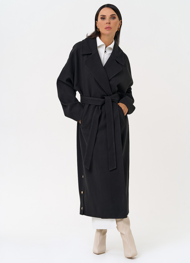 Женское пальто черного цвета с функциональными кнопками модель № 31408 универмаг малина