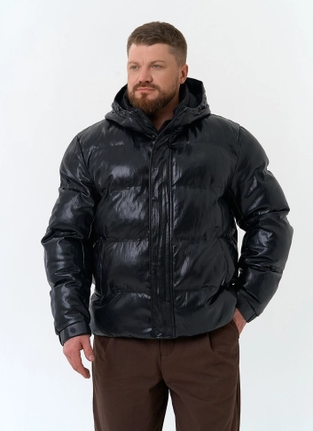 Мужской пуховик из эко кожи с капюшоном фото
