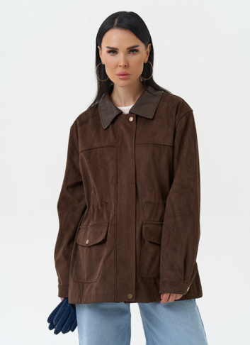 Женская парка из эко замши коричневого цвета