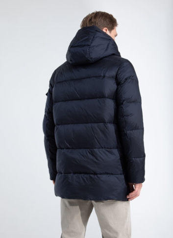 Пуховик мужской синего цвета с капюшоном 