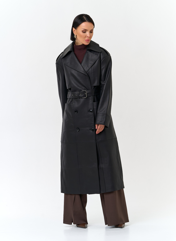 Женский плащ из натуральной кожи с поясом
