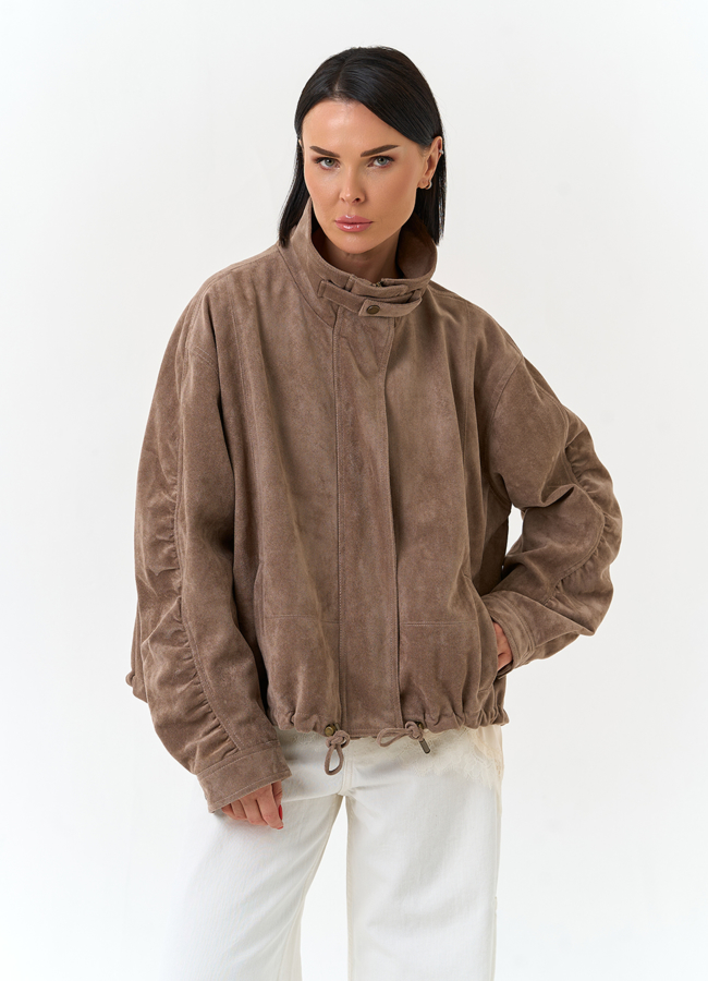 Женская куртка из эко замши с воротником стойкой модель № 33029 меха малина