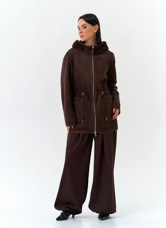 Двухсторонняя дубленка из эко замши с капюшоном