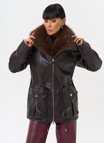 Удлиненная куртка из эко кожи с воротником из эко меха