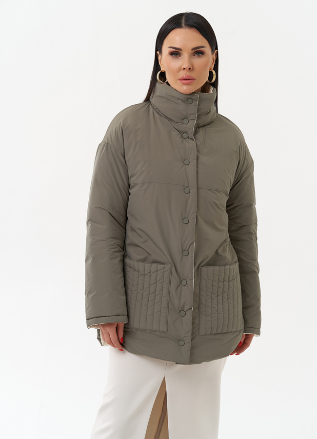 Женская двухсторонняя куртка с воротником стойкой модель № 30089 меха малина